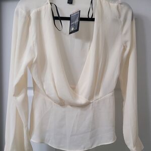 Forever 21 deep plunge open Vneck semi sheer cream color blouse long sleeve S